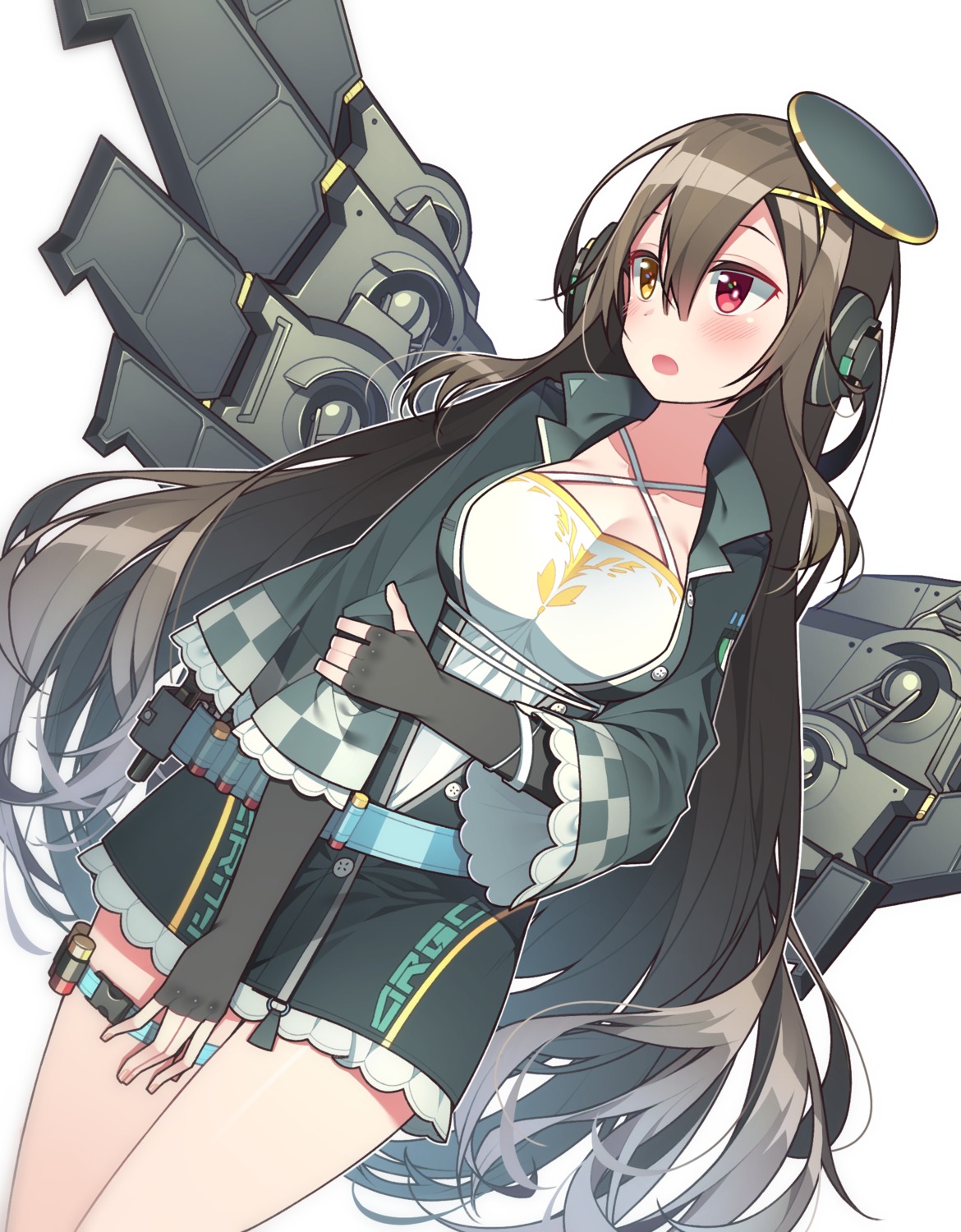 cleavage, garter, girls_frontline, headphones, heterochromia, hop3, m1014_(girls_frontline), uniform