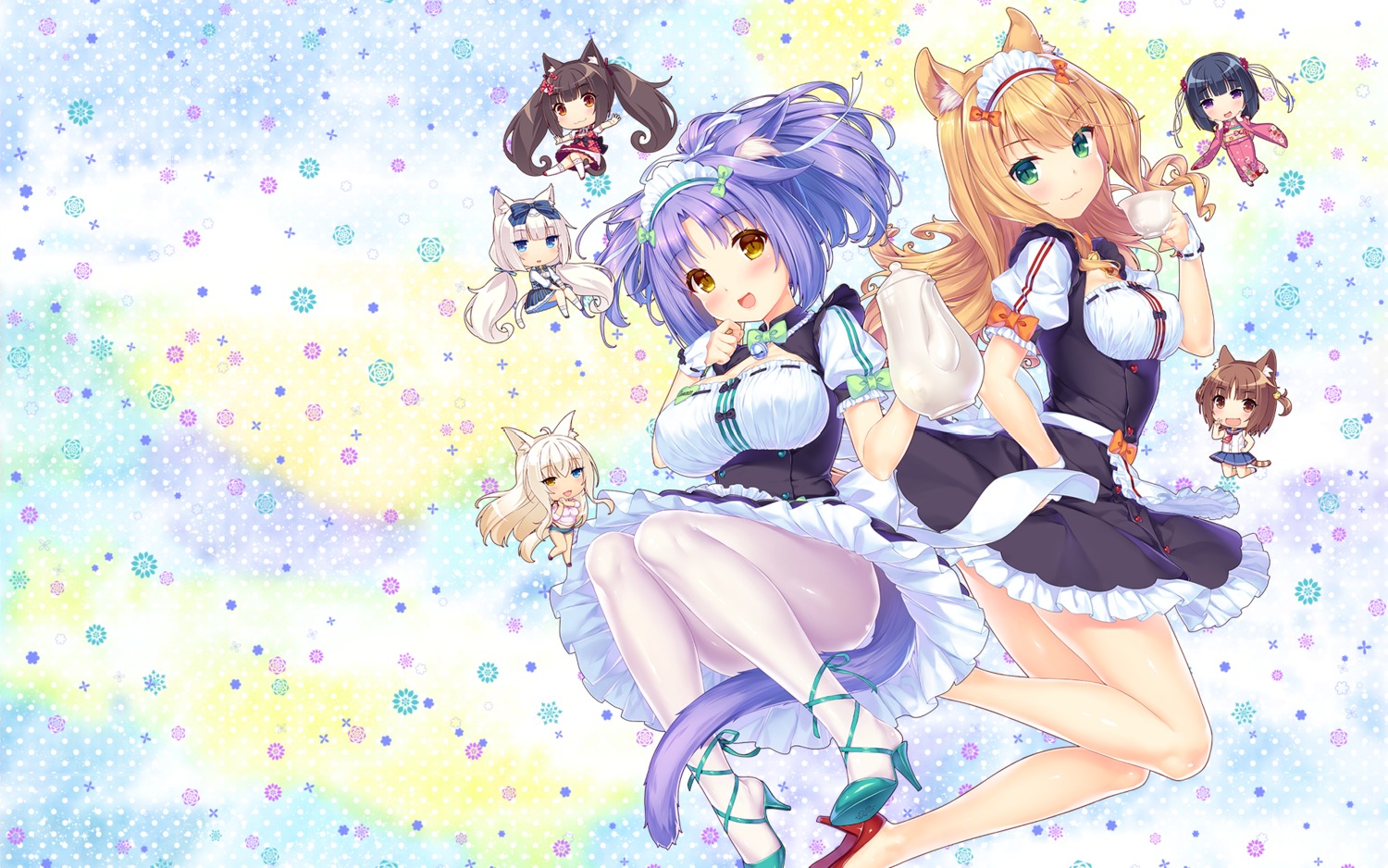 animal_ears, azuki, chibi, chocola, cinnamon_(nekopara), coconut, heels, heterochromia