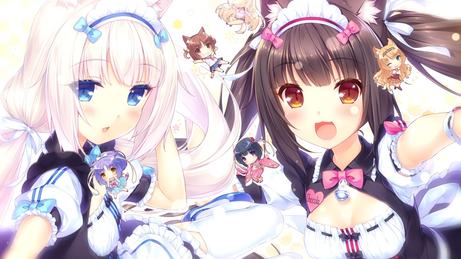 animal_ears, azuki, chibi, chocola, cinnamon_(nekopara), cleavage, coconut, kimono