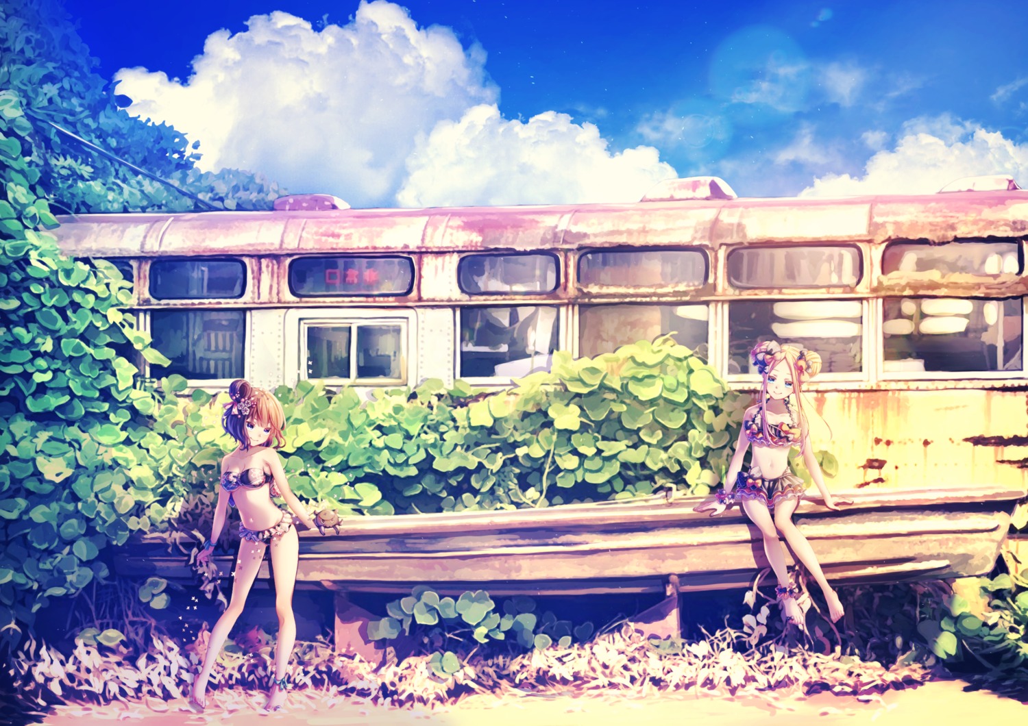 abigail_williams_(fate), bikini, cleavage, fate/grand_order, katsushika_hokusai_(fate), landscape, mocha_(snowflake), swimsuits