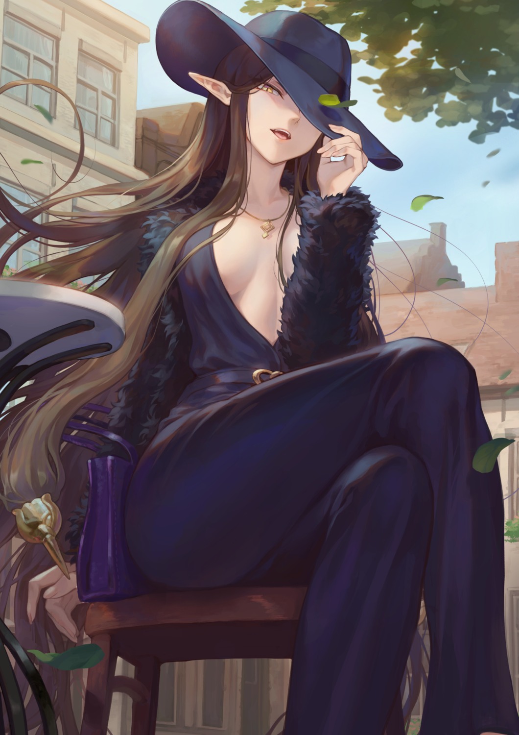 cleavage, fate/grand_order, mashu_(003), no_bra, open_shirt, pointy_ears, semiramis_(fate)