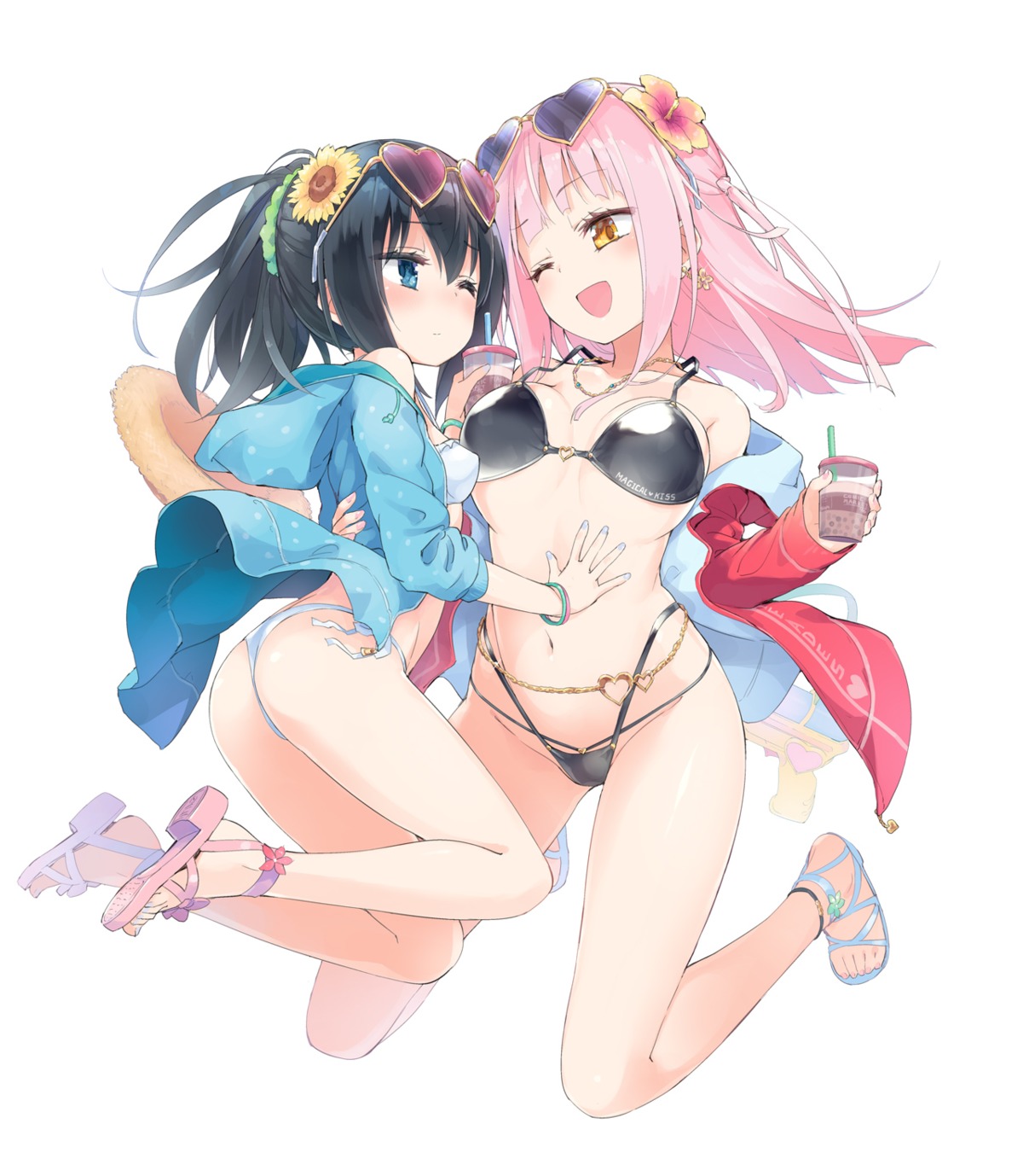 ass, bikini, homura_subaru, megane, open_shirt, swimsuits, thong, yuri