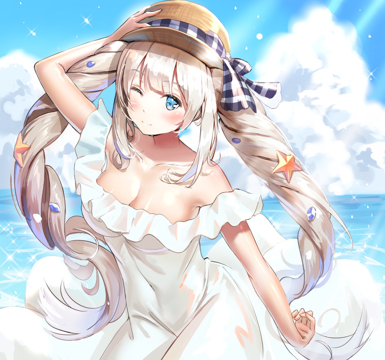 cleavage, dress, fate/grand_order, kian, marie_antoinette_(fate), no_bra, summer_dress