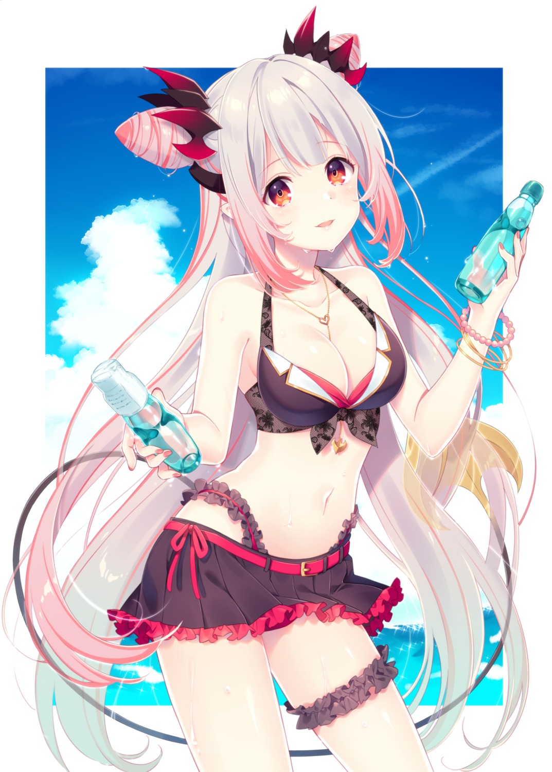 bikini, cleavage, garter, honey_strap, nagino_shizuku, nanashi_inc., skirt_lift, suou_patra