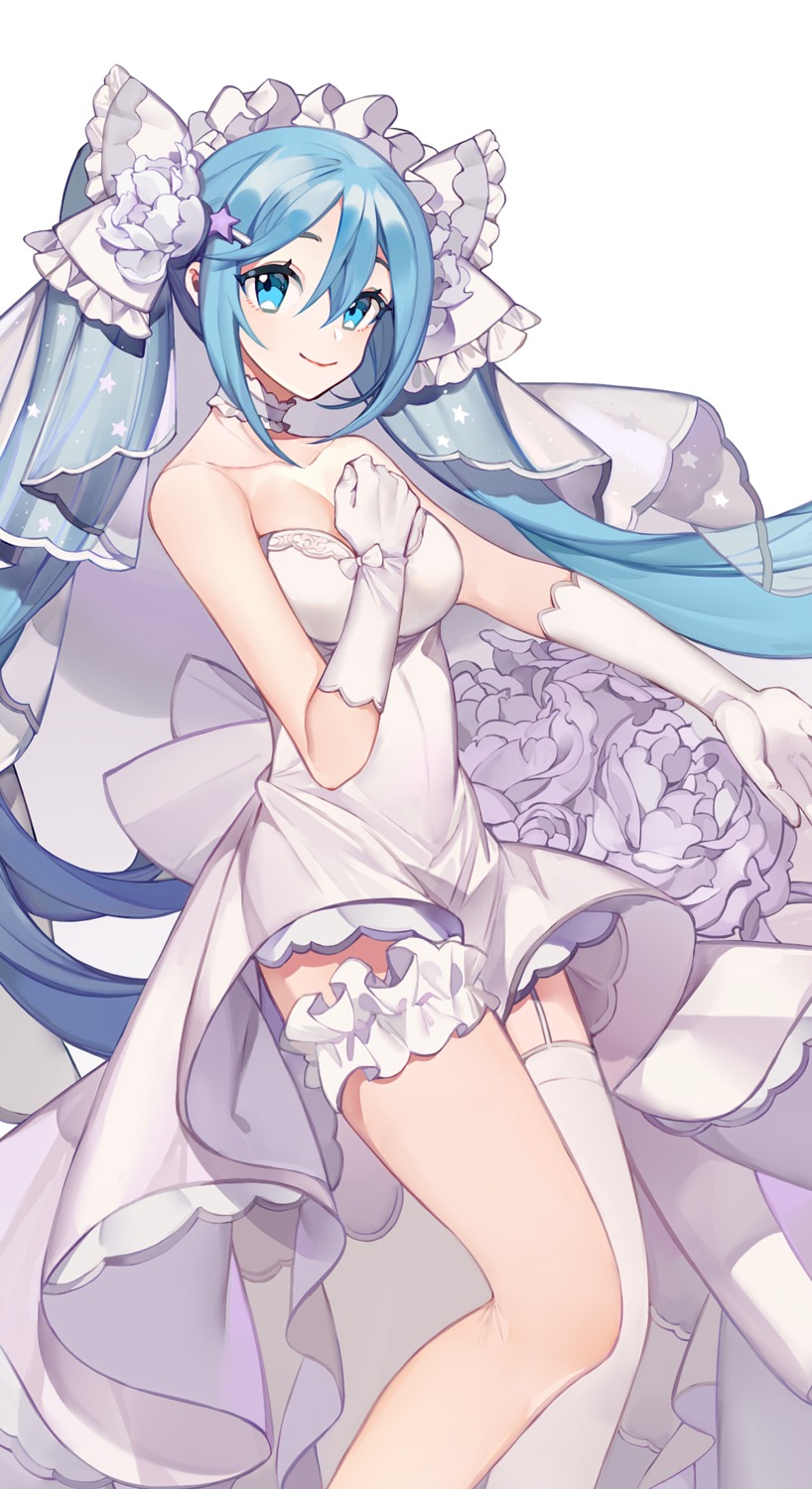 breast_hold, cleavage, dress, garter, hatsune_miku, stockings, thighhighs, vocaloid, wedding_dress, yayako_(804907150)