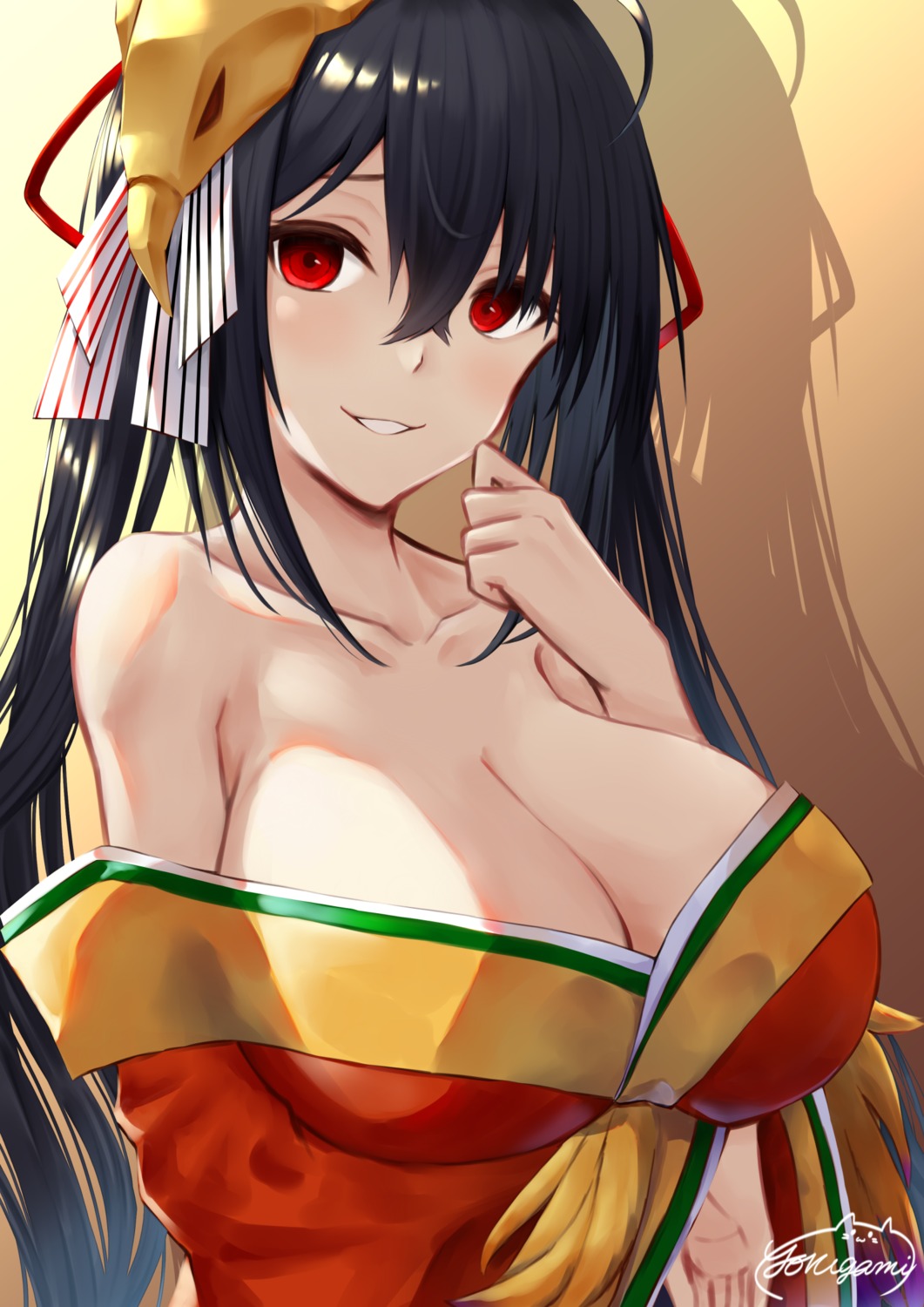 azur_lane, breast_hold, cleavage, japanese_clothes, mofu_cat001, no_bra, open_shirt, taihou_(azur_lane)