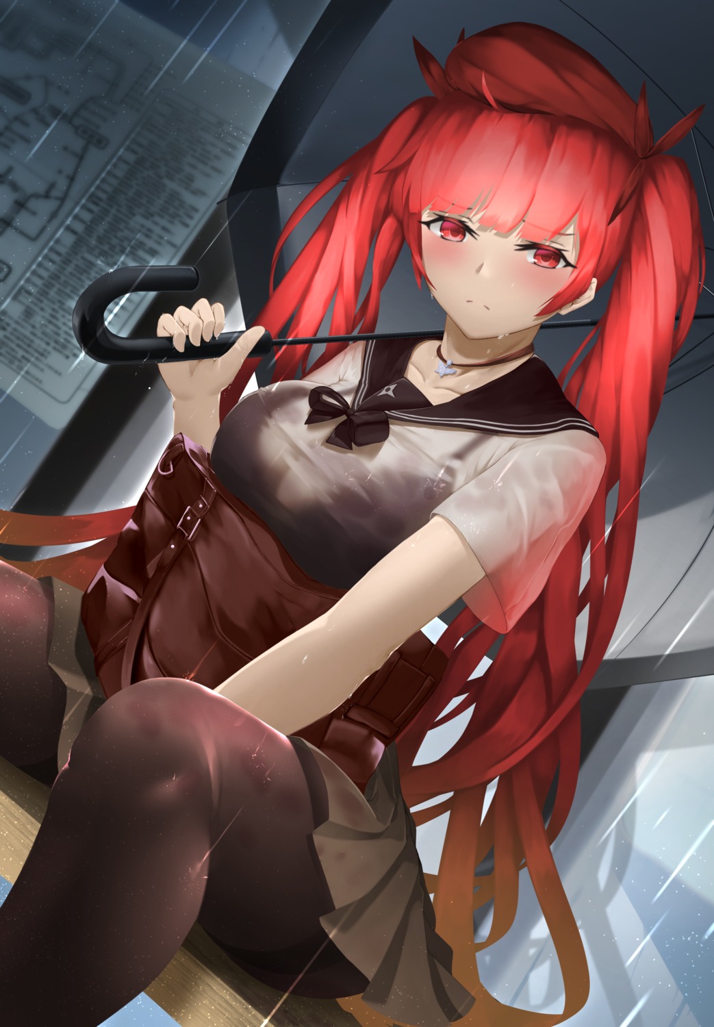 azur_lane, bra, honolulu_(azur_lane), pairleaf, pantyhose, see_through, seifuku, umbrella, wet, wet_clothes