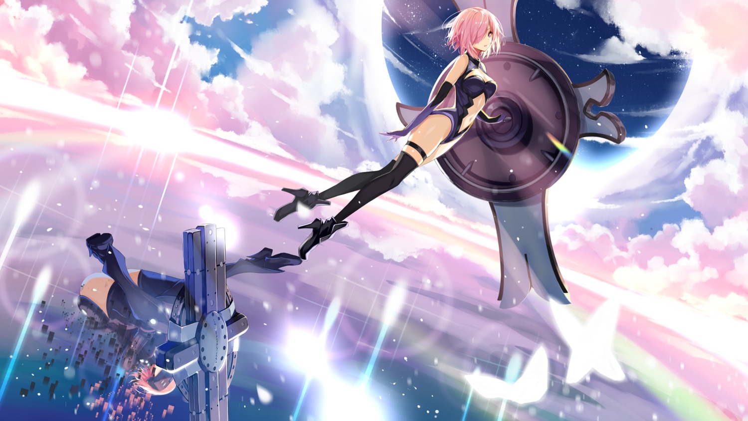 armor, augu_(523764197), cleavage, fate/grand_order, garter, heels, leotard, mash_kyrielight, thighhighs, wallpaper