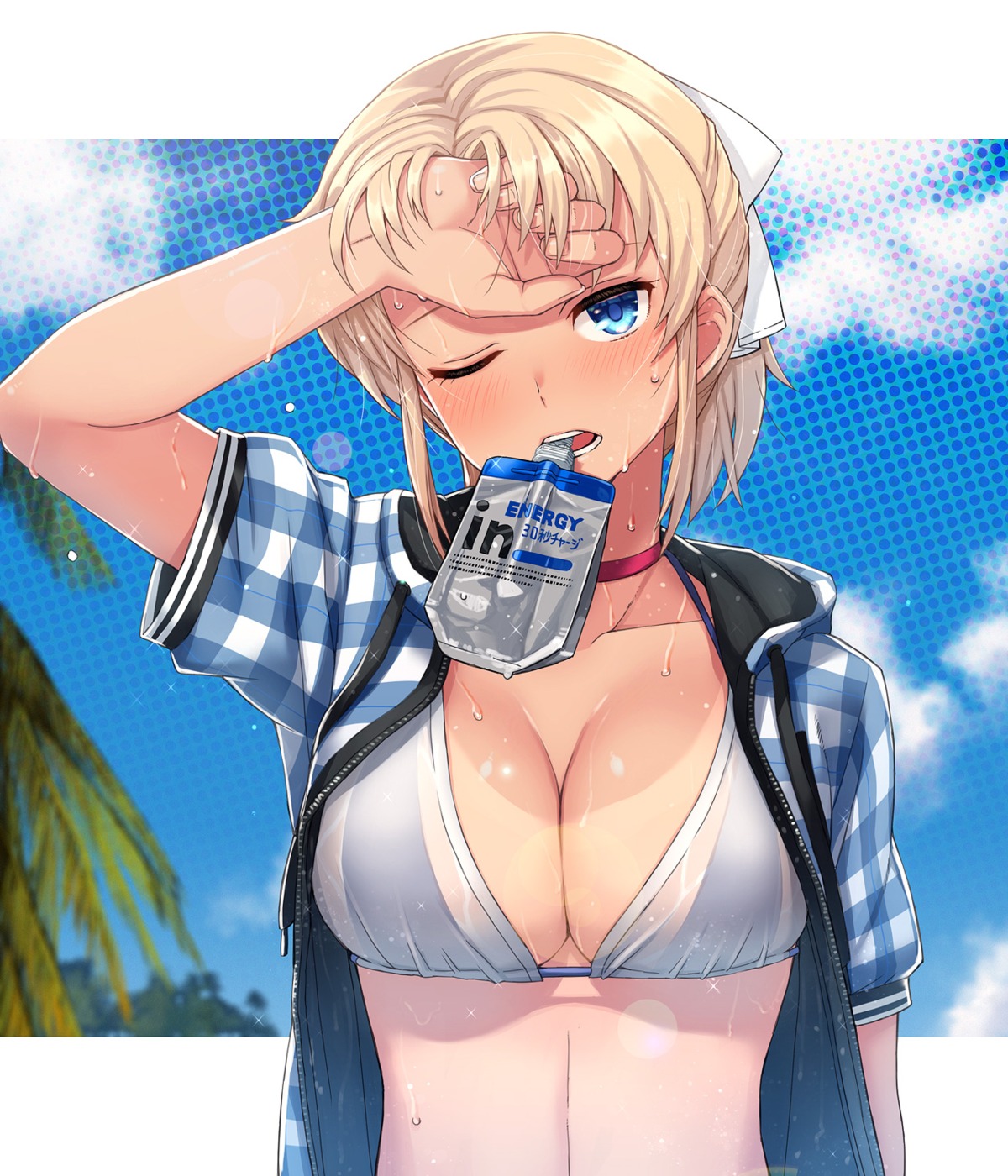 bikini_top, itou_(onsoku_tassha), open_shirt, see_through, swimsuits, tan_lines, wet