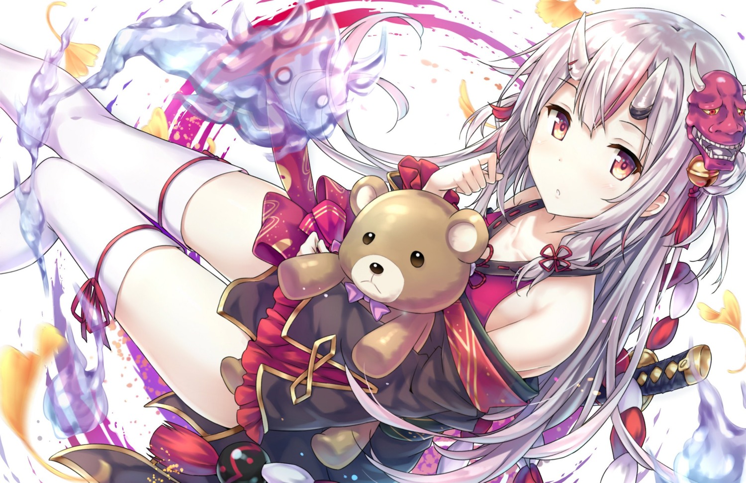 garter, hololive, horns, japanese_clothes, maniku, nakiri_ayame, sword, thighhighs