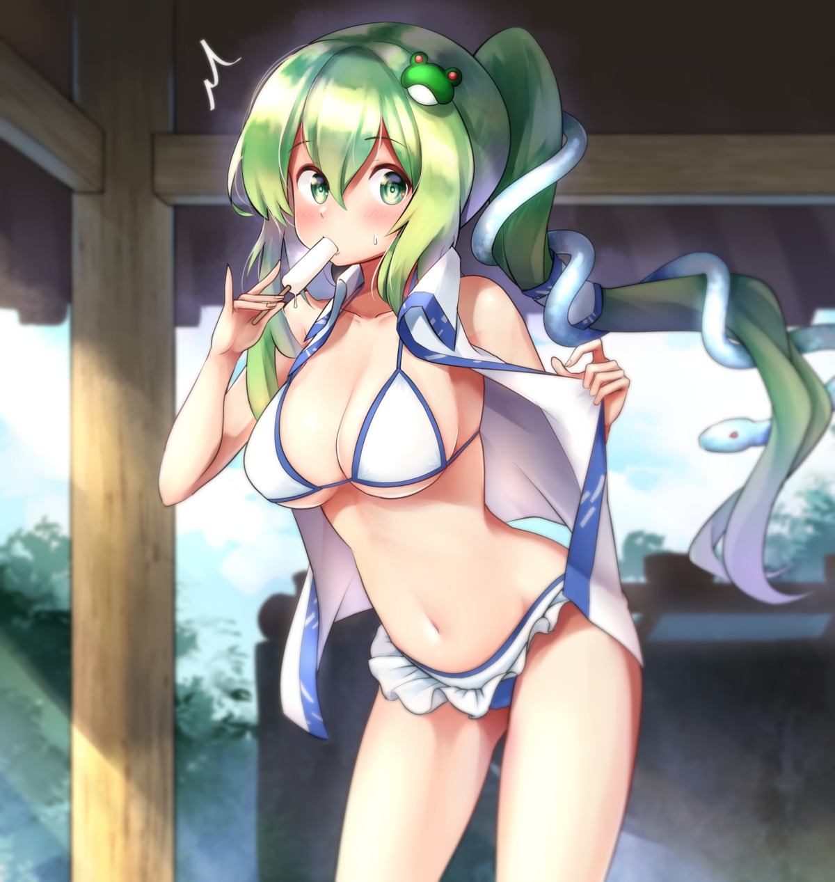 bikini, kochiya_sanae, kushidama_minaka, open_shirt, swimsuits, touhou, undressing