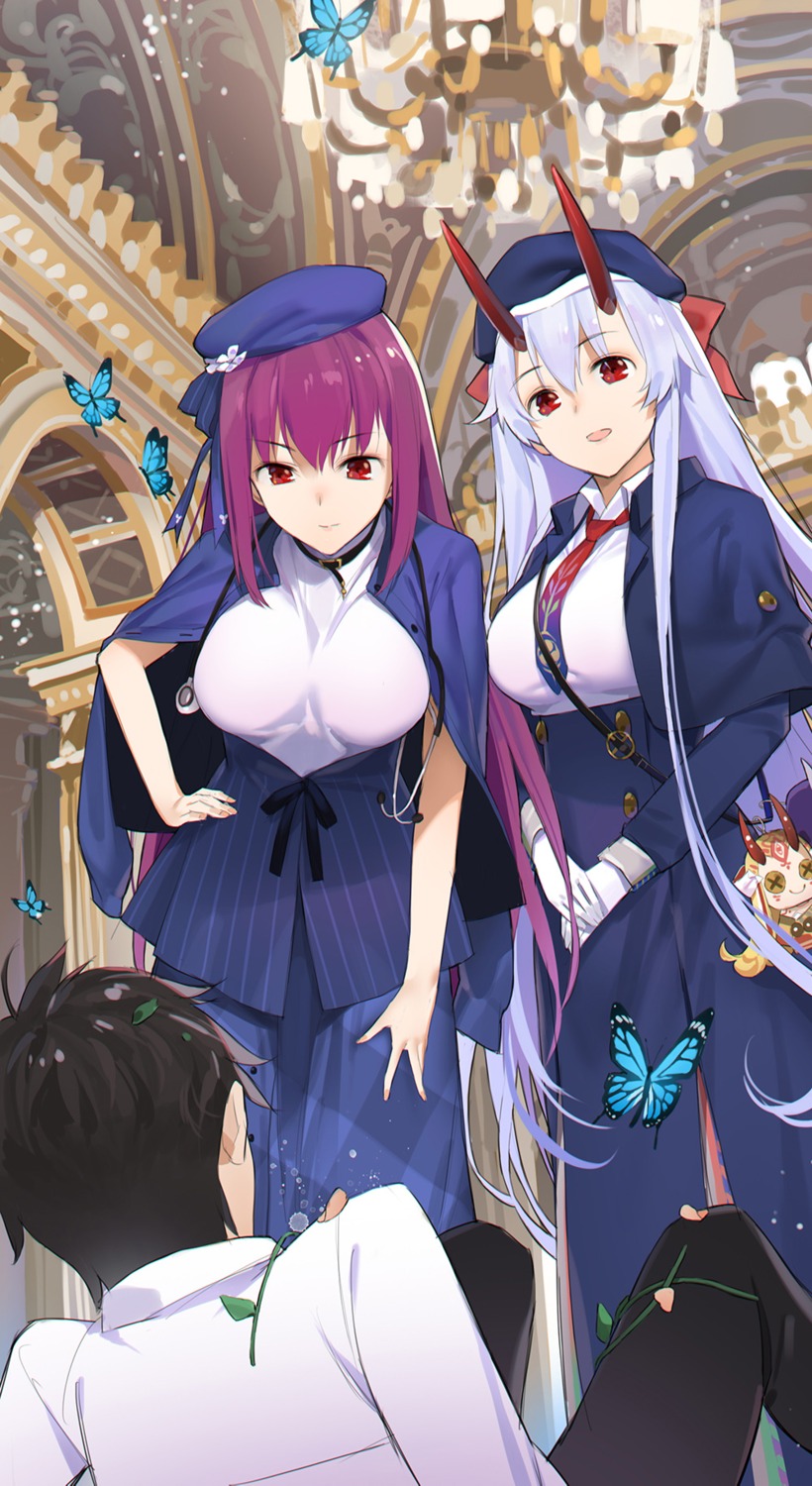 chibi, fate/grand_order, horns, neee-t, scathach_skadi, tattoo, tomoe_gozen_(fate), uniform