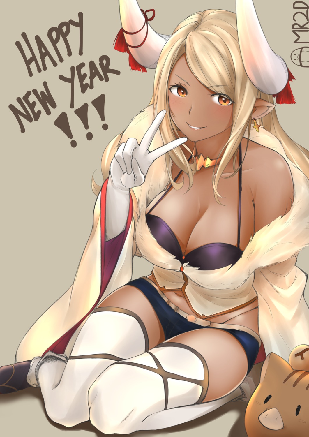 cleavage, granblue_fantasy, horns, kuvira_(granblue_fantasy), mr2d, open_shirt, pointy_ears, thighhighs
