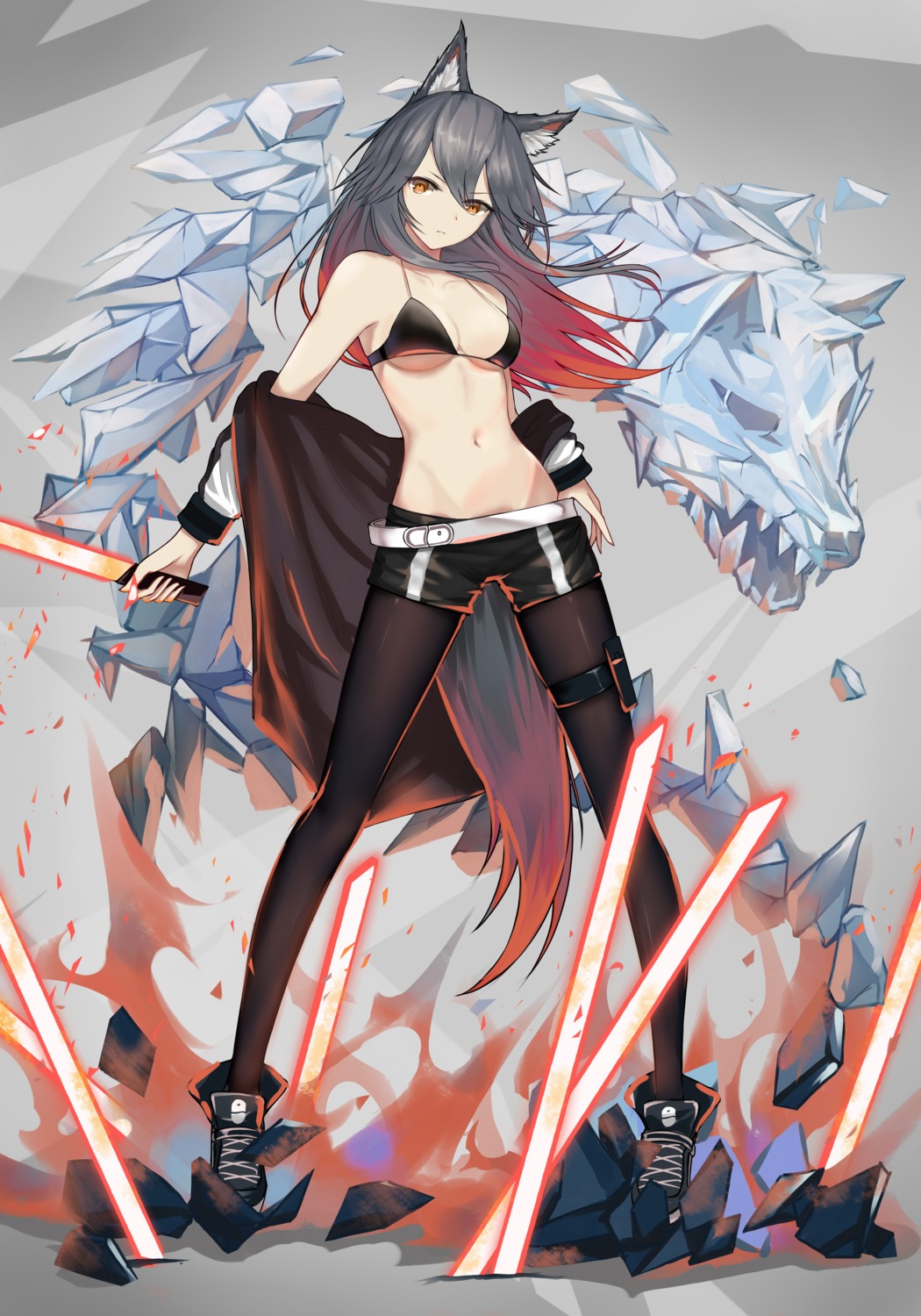 animal_ears, arknights, bikini_top, garter, huijin_zhi_ling, monster, pantyhose, swimsuits, sword, tail, texas_(arknights), underboob