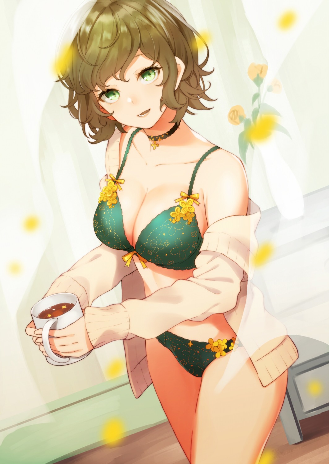 bra, cleavage, open_shirt, pantsu, retsuna, sweater
