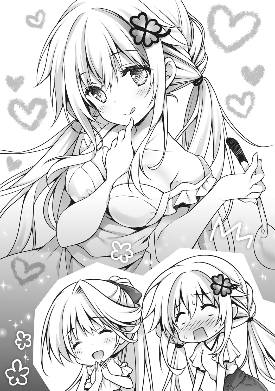 breast_hold, cleavage, dousei_kara_hajimaru_otaku_kanojo_no_tsukurikata, minami_erena_williams, monochrome, naked_apron, nishina_kokoro, tatekawa_mako