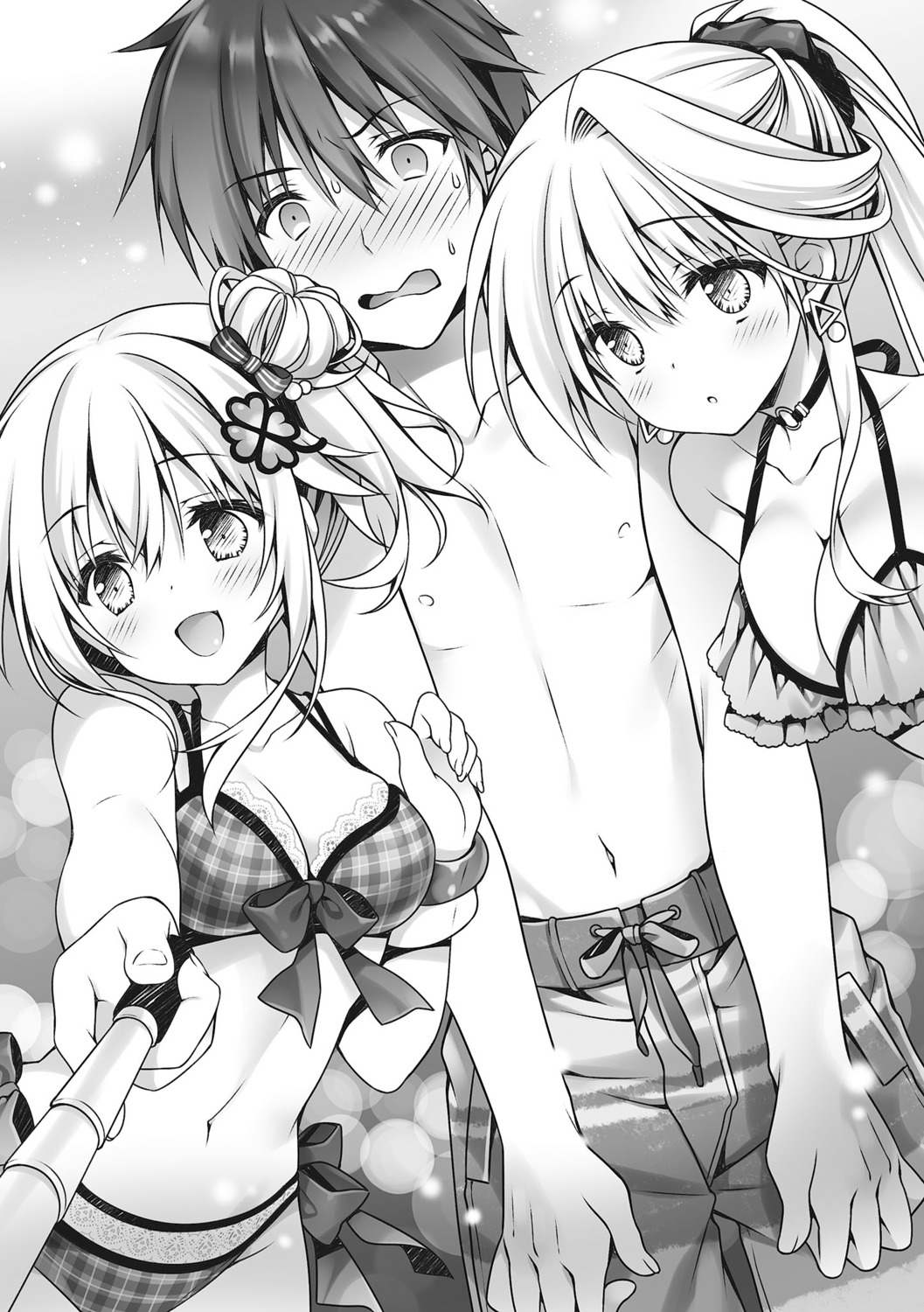 bikini, cleavage, dousei_kara_hajimaru_otaku_kanojo_no_tsukurikata, minami_erena_williams, monochrome, nishina_kokoro, swimsuits, tatekawa_mako
