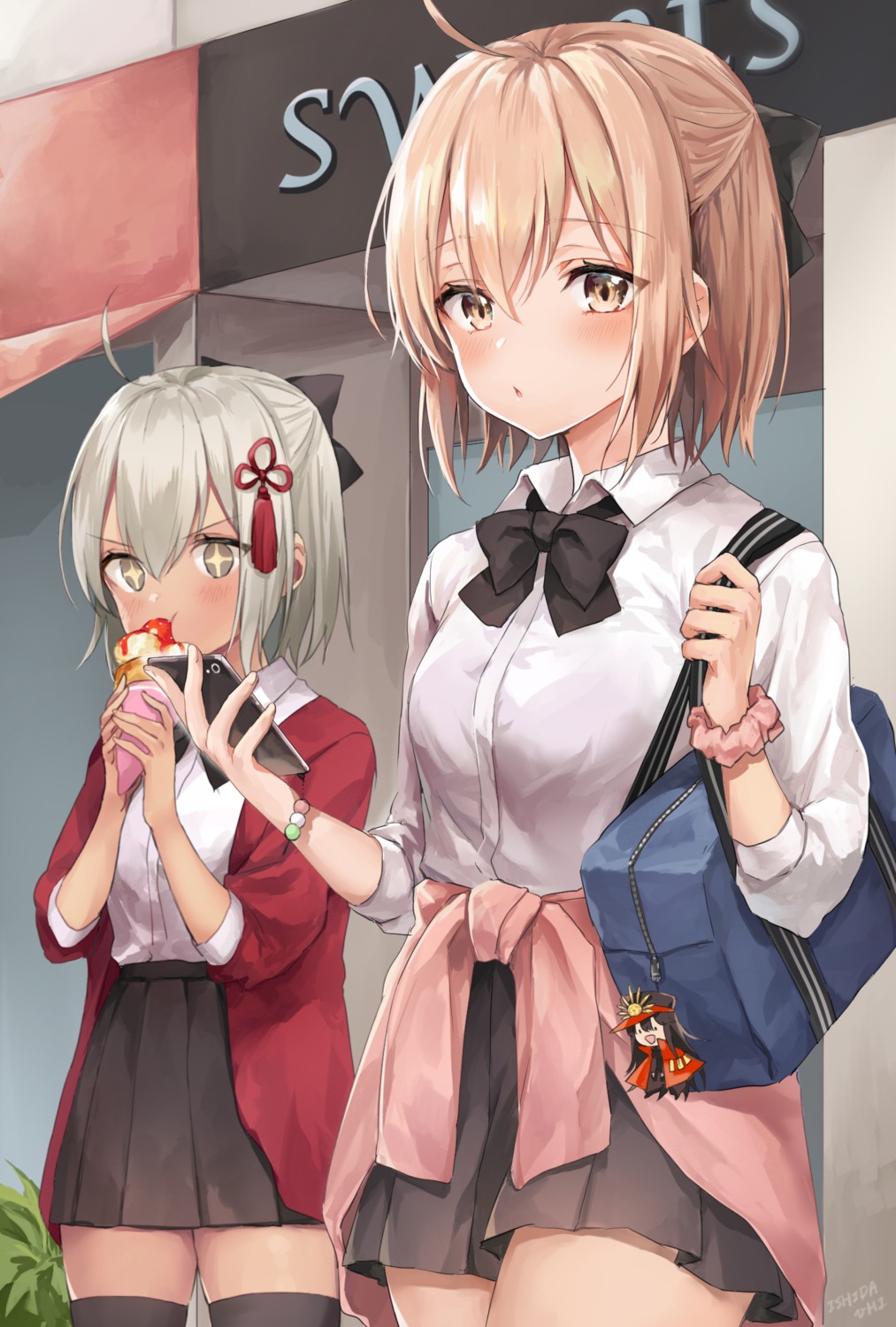 fate/grand_order, ishita_umi, okita_souji_(alter)_(fate), okita_souji_(fate), seifuku, sweater, thighhighs