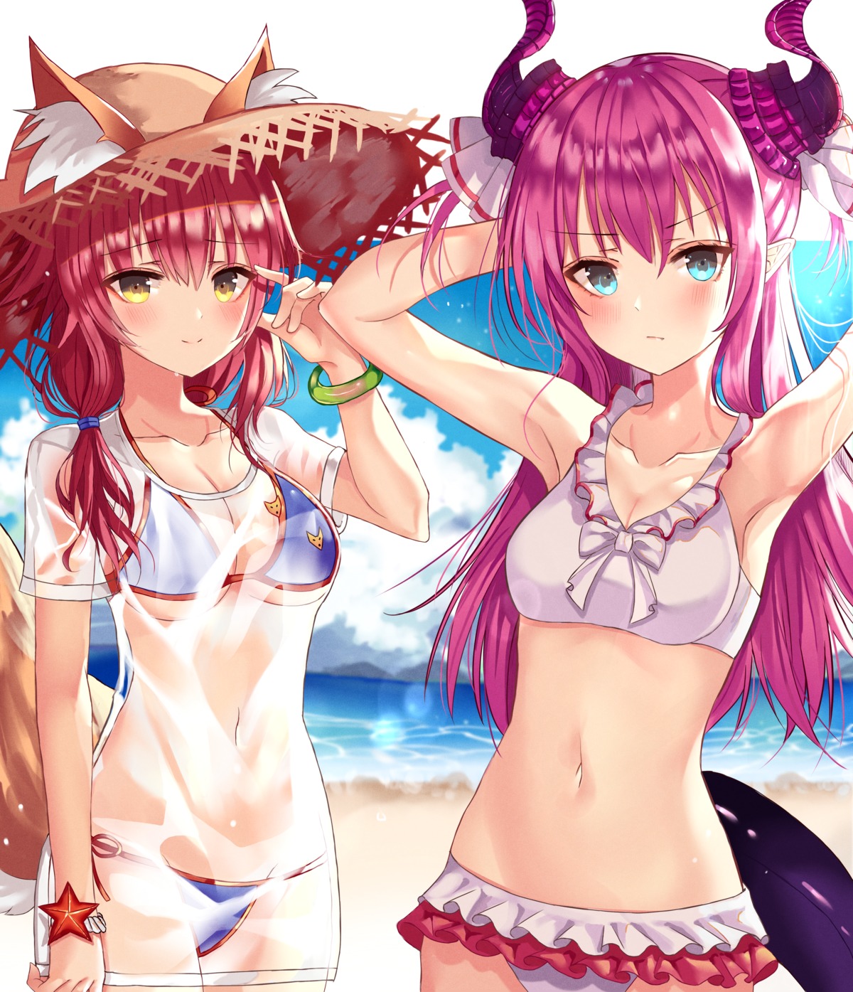 animal_ears, bikini, cleavage, elizabeth_bathory, fate/grand_order, horns, see_through, shaffelli