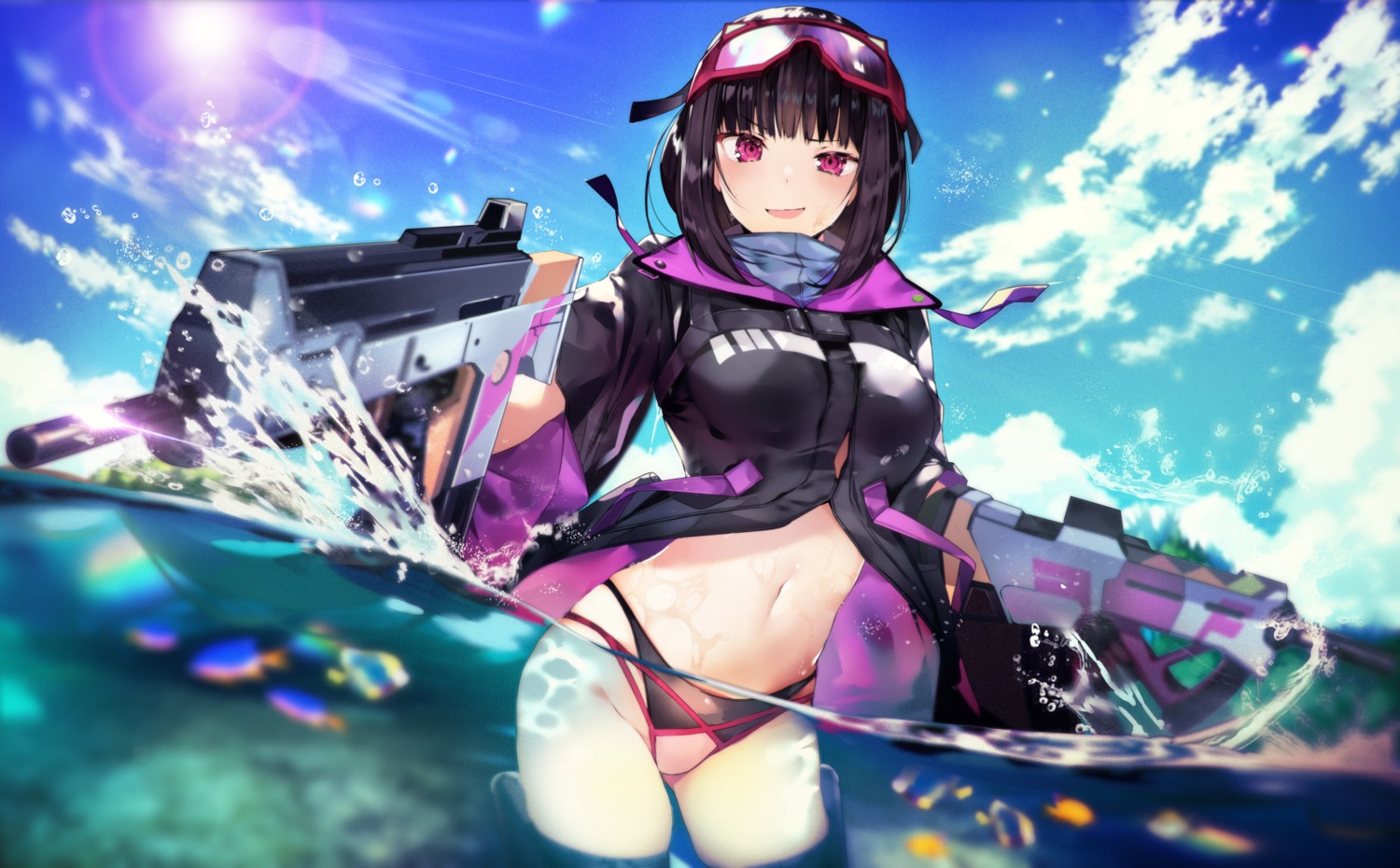 bikini, fate/grand_order, gun, osakabehime_(fate), swimsuits, tetsubuta, thighhighs, wet