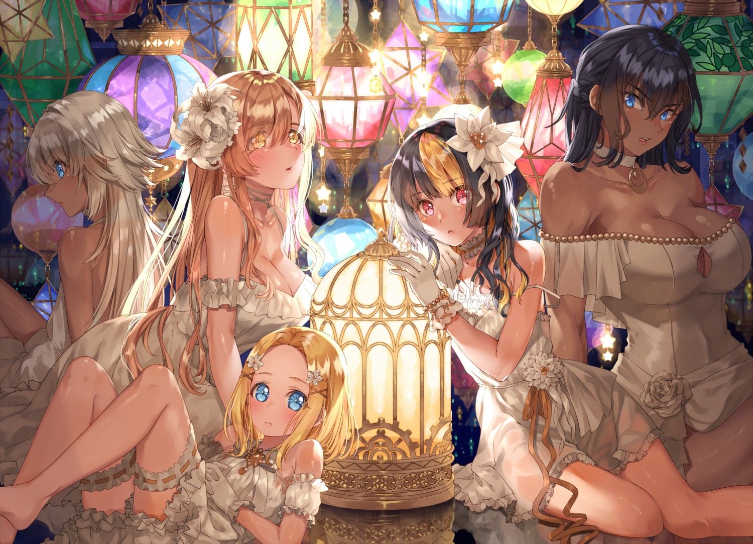 cleavage, dress, fatal_twelve, garter, matsusatoru_kouji, mishima_miharu, no_bra, odette_malencon, see_through, shishimai_rinka, sofiya_priessnitz_alexeivna, yu_(fatal_twelve)
