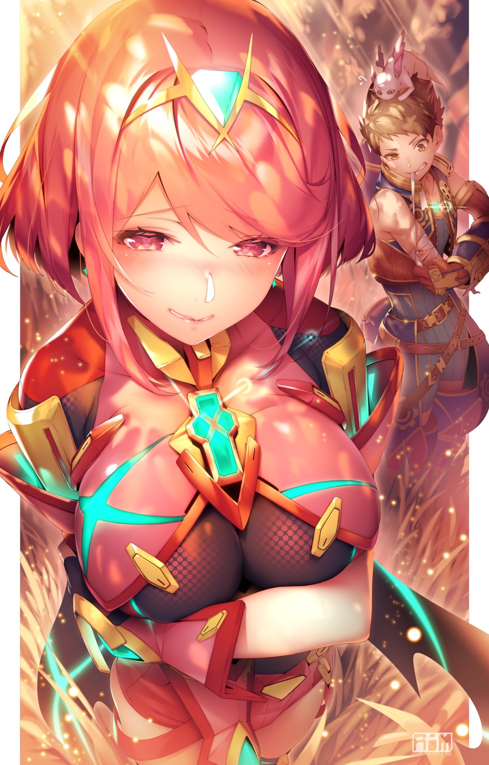 bandages, bodysuit, breast_hold, homura_(xenoblade_2), rex, ryuji_(ikeriu), xenoblade_(series), xenoblade_2
