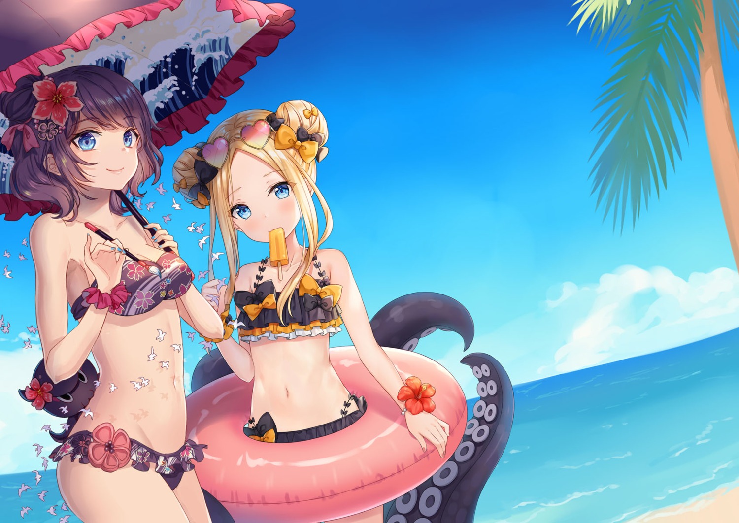 abigail_williams_(fate), bikini, cleavage, fate/grand_order, hitsukuya, katsushika_hokusai_(fate), megane, swimsuits, ten-chan_(eternal_s), tentacles, umbrella
