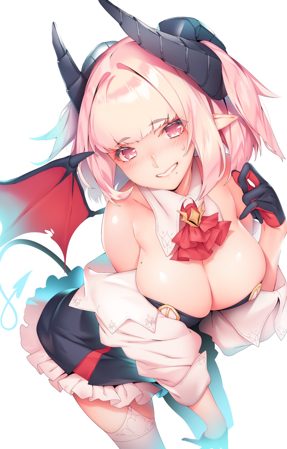 breast_hold, cleavage, devil, horns, pointy_ears, ryuji_(ikeriu), stockings, tail