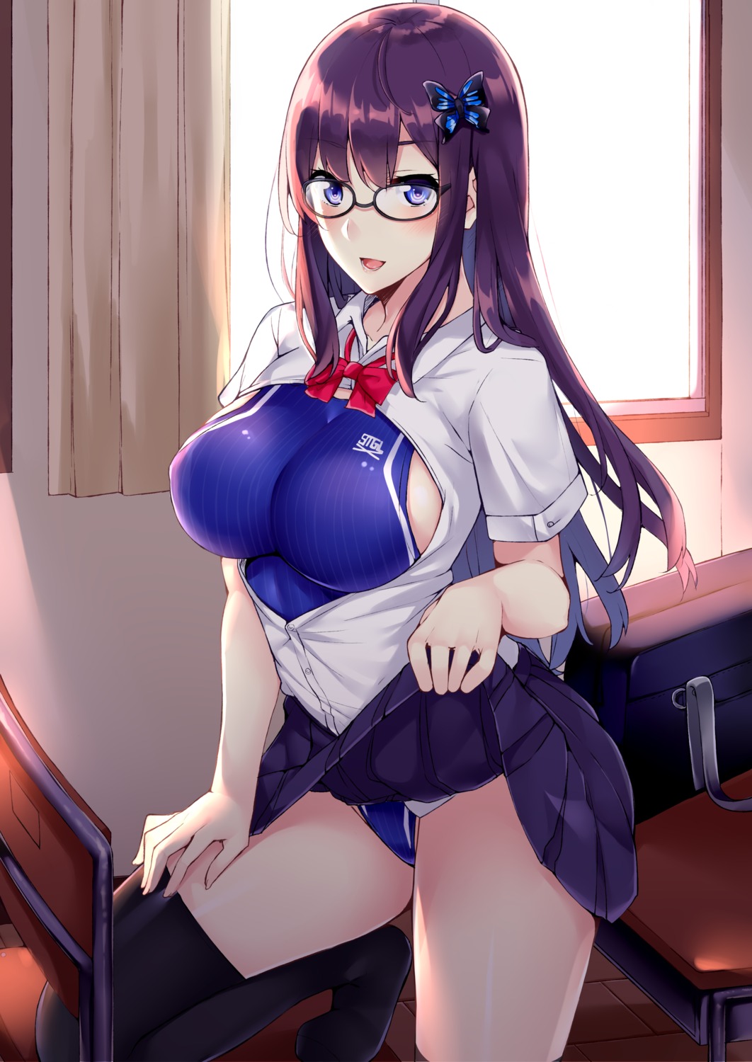 kaeru_no_ashi, megane, open_shirt, seifuku, skirt_lift, swimsuits, thighhighs