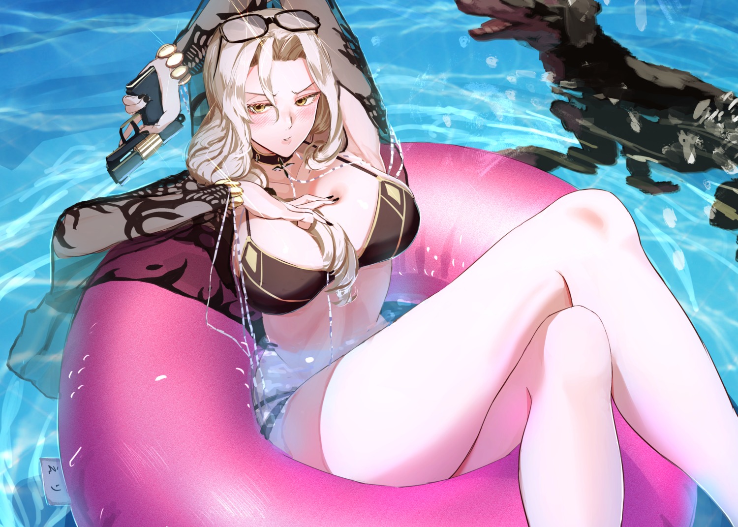 bikini, carmilla_(fate/grand_order), fate/grand_order, gun, kikimifukuri, megane, swimsuits, wet