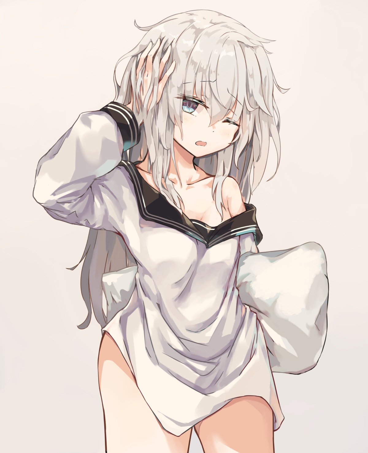 cleavage, hibiki_(kancolle), kantai_collection, koomoi, no_bra, open_shirt, seifuku
