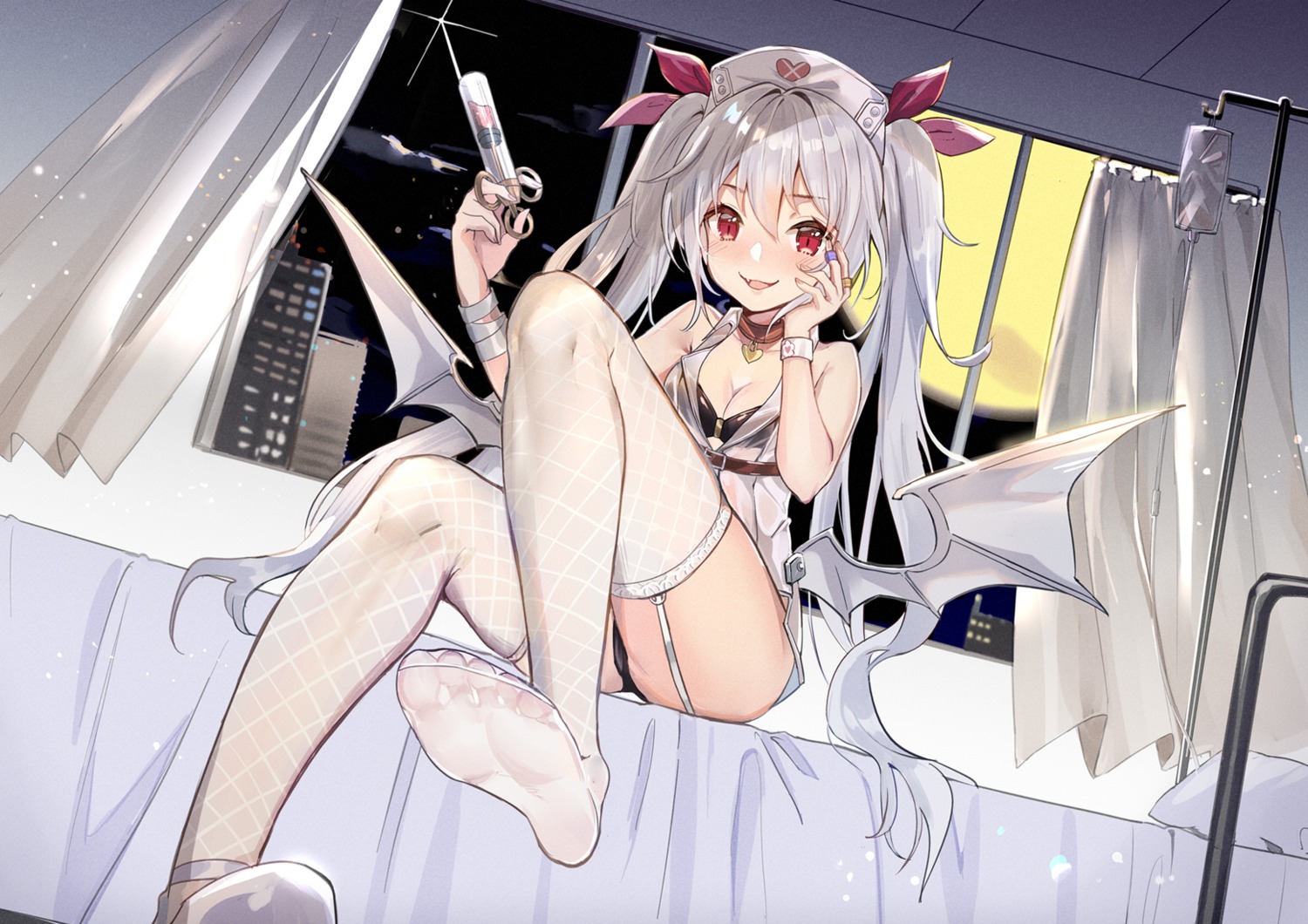 azur_lane, bandages, bra, cleavage, feet, fishnets, nurse, open_shirt, pantsu, rero_(bigdoorbig2), see_through, stockings, thighhighs, vampire_(azur_lane), wings