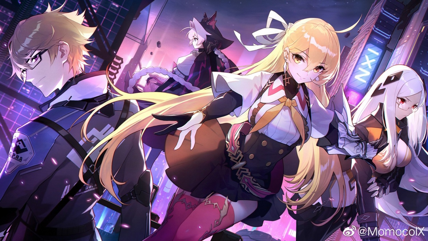 armor, breast_hold, cleavage, horns, megane, momocolx, no_bra, rise_of_awakened, skirt_lift, thighhighs