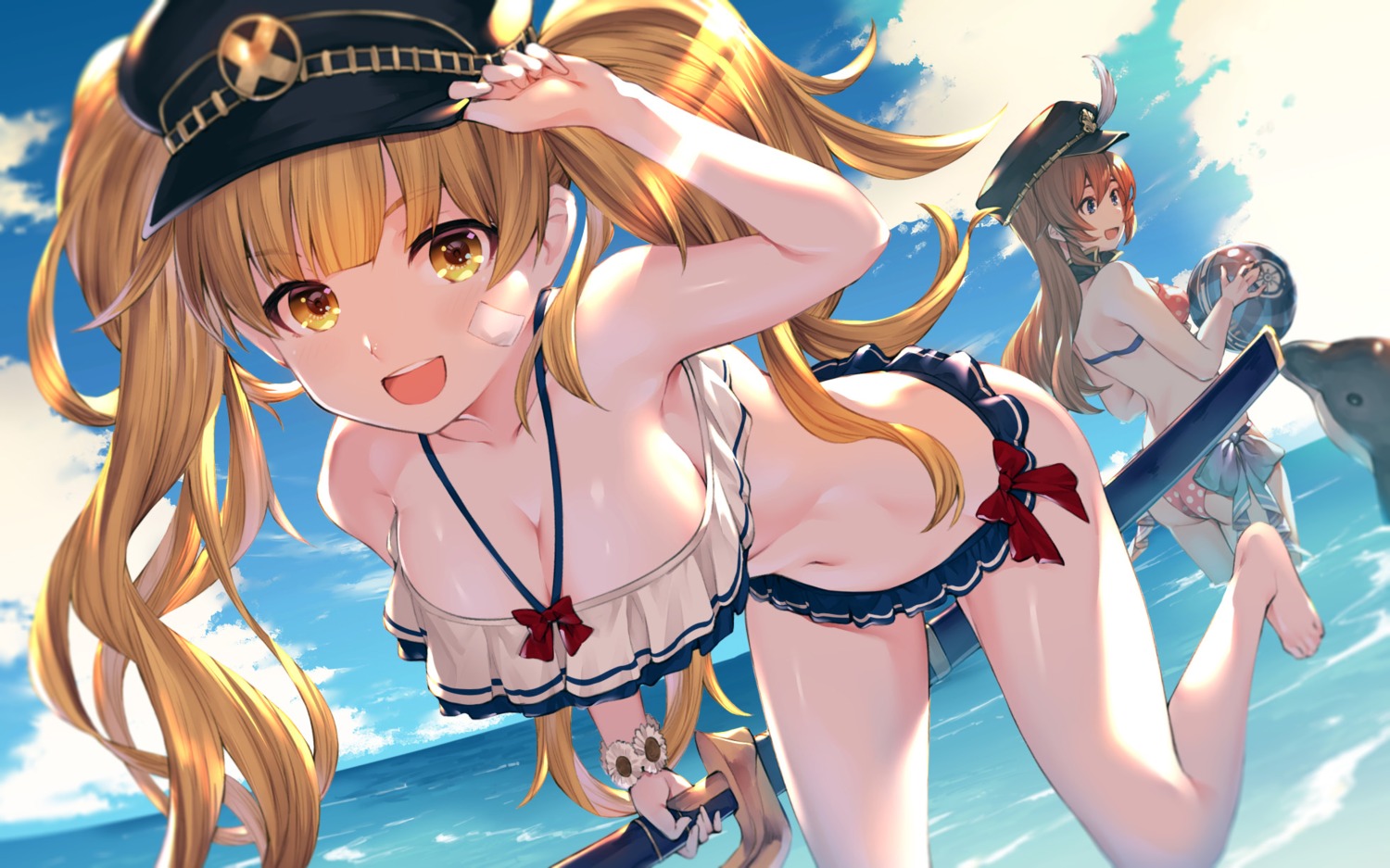 akanagi_youto, bandaid, bikini, cleavage, granblue_fantasy, lecia_(granblue_fantasy), monika_weisswind, swimsuits, sword