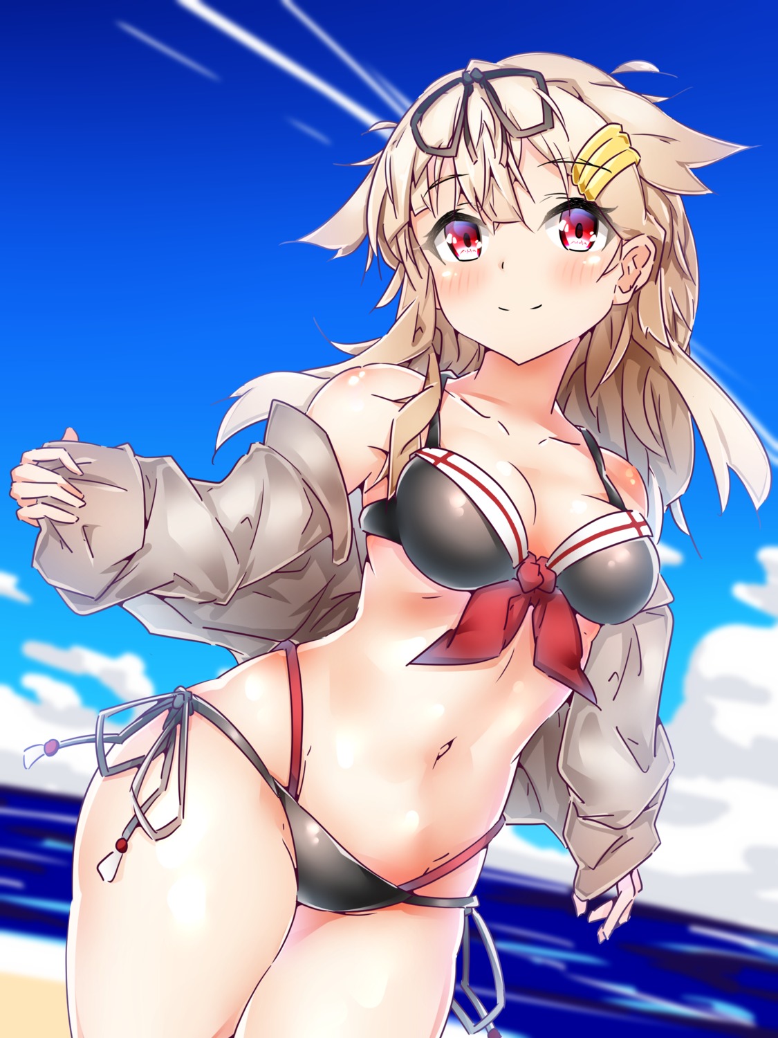 bikini, cleavage, harukawa, kantai_collection, open_shirt, swimsuits, yuudachi_(kancolle)
