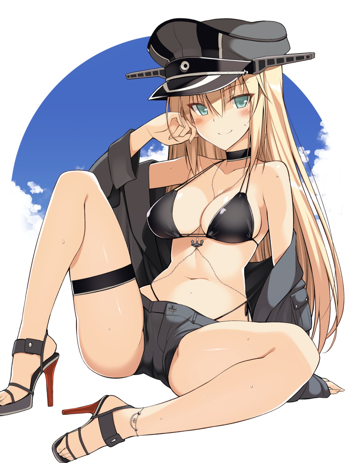 bikini, bismarck_(kancolle), heels, kantai_collection, oota_yuuichi, open_shirt, swimsuits