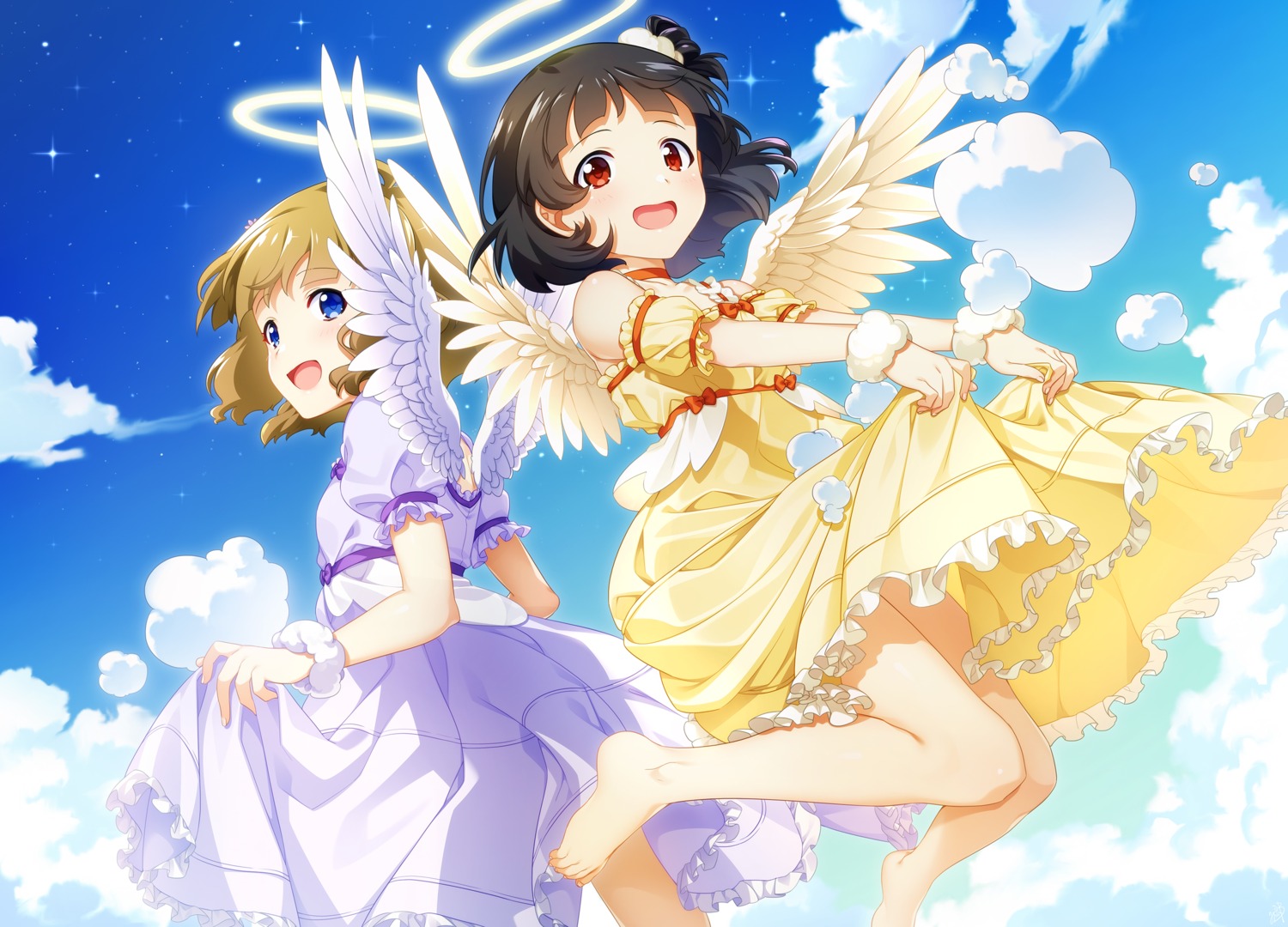 angel, dress, mikapoe, nakatani_iku, skirt_lift, suou_momoko, the_idolm@ster, the_idolm@ster_million_live!, wings