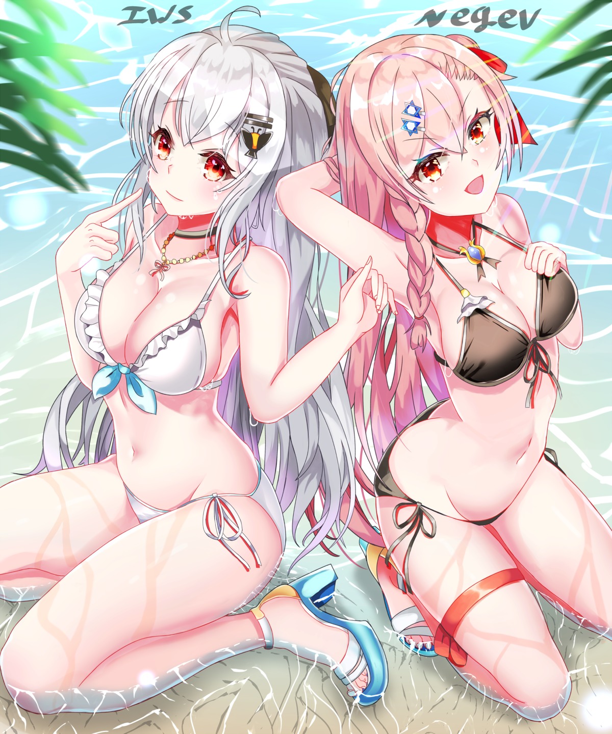 bikini, breast_hold, cleavage, garter, girls_frontline, heels, iws-2000_(girls_frontline), negev_(girls_frontline), swimsuits, tia_(4017342), wet
