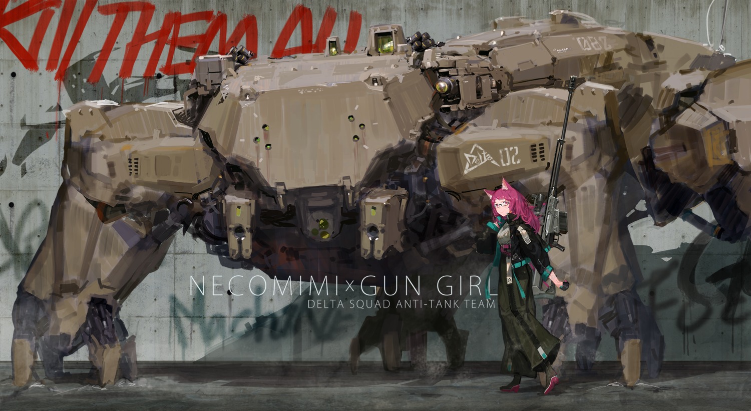 animal_ears, gun, kare_huang, mecha, megane, nekomimi
