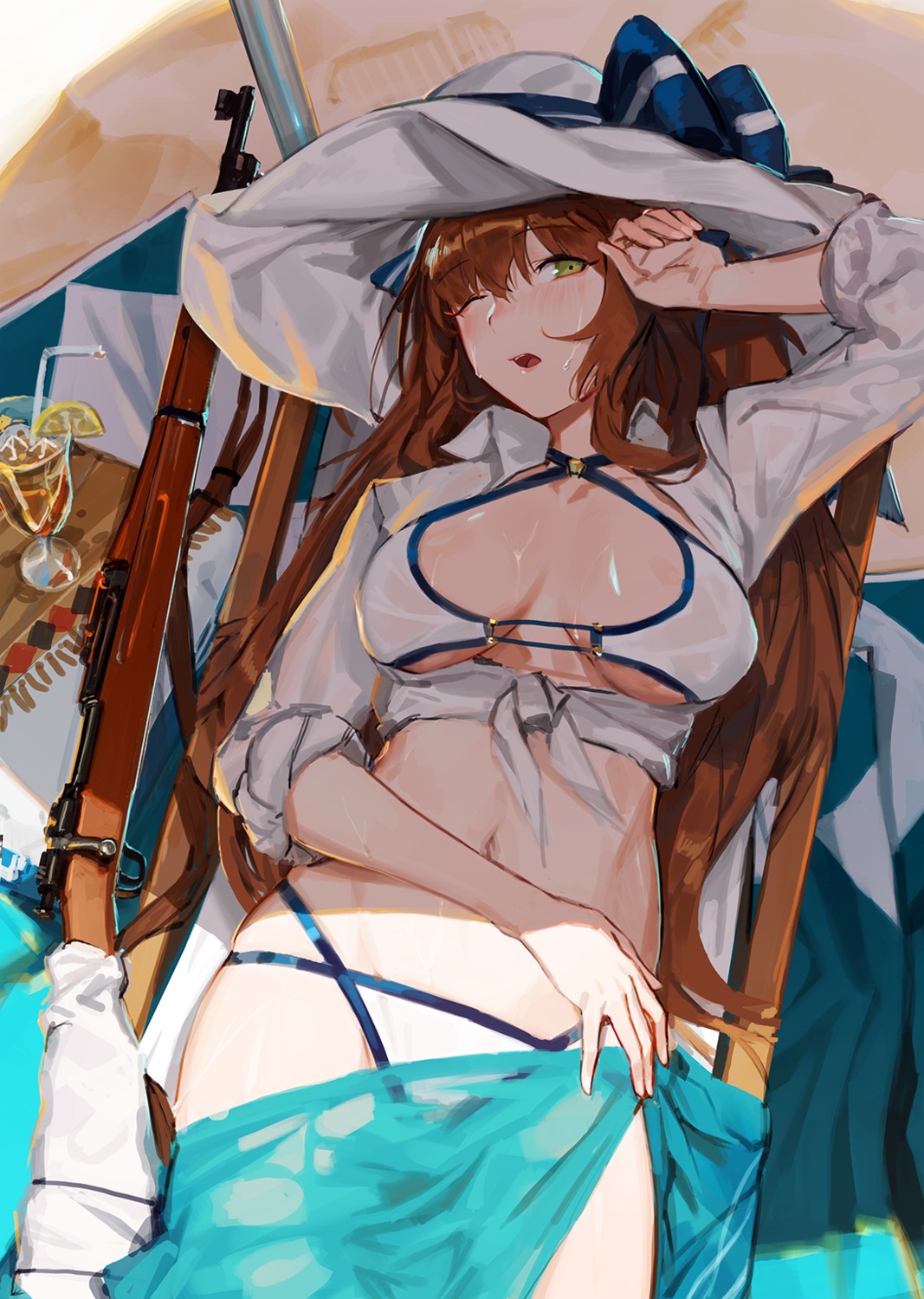 bikini, girls_frontline, gun, kare_huang, open_shirt, see_through, springfield_(girls_frontline), swimsuits, wet, wet_clothes