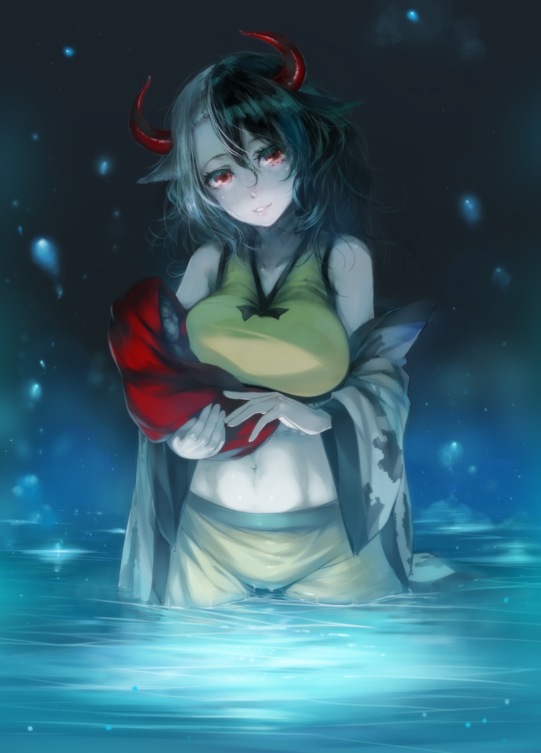 animal_ears, horns, omuwanko, touhou, ushizaki_urumi, wet