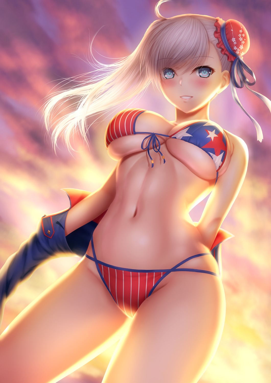 bikini, fate/grand_order, masatoki, miyamoto_musashi_(fate), open_shirt, swimsuits, underboob