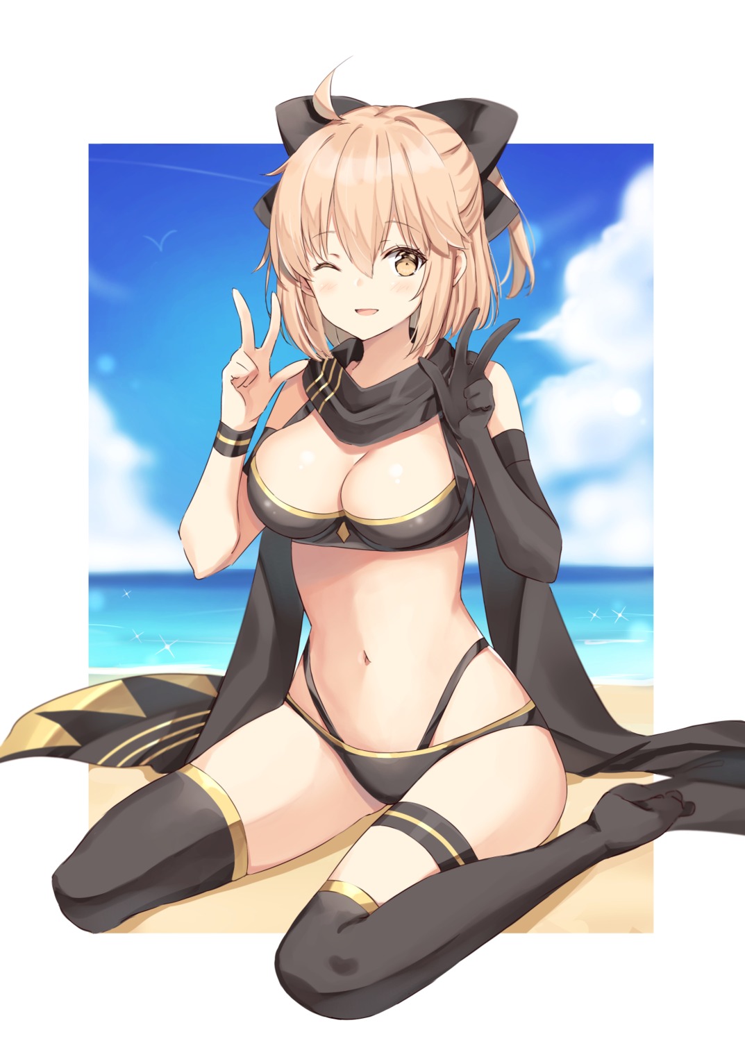 bikini, fate/grand_order, garter, okita_souji_(fate), swimsuits, thighhighs, yuzu-aki