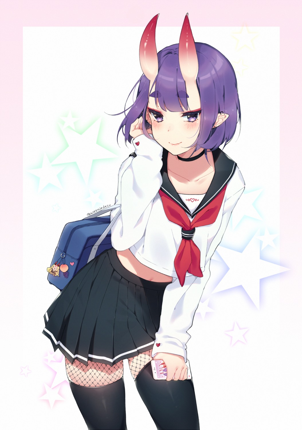 fate/grand_order, fishnets, horns, pantyhose, pointy_ears, seifuku, shuten_douji_(fate), thighhighs, weeniedesu