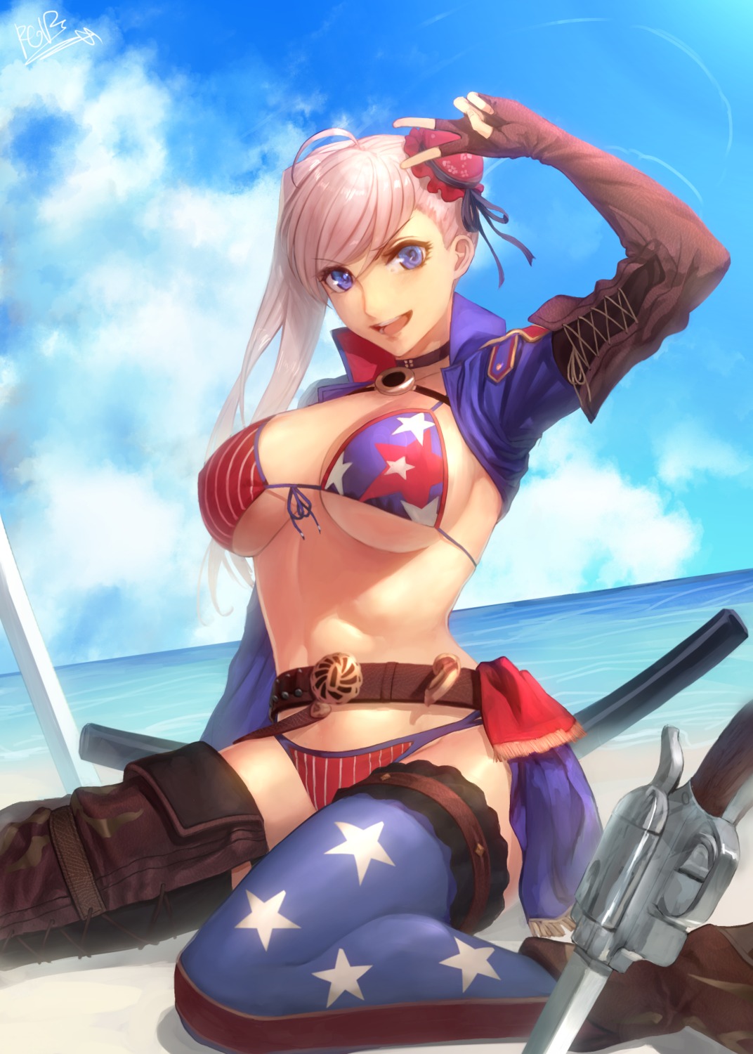 bikini, fate/grand_order, garter, miyamoto_musashi_(fate), peperon, swimsuits, sword, thighhighs