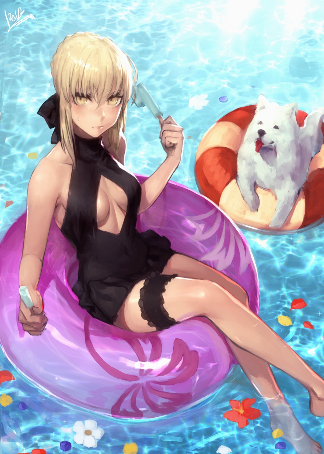 artoria_pendragon_(fate), artoria_pendragon_alter_(fate), cleavage, fate/grand_order, garter, peperon, swimsuits, wet