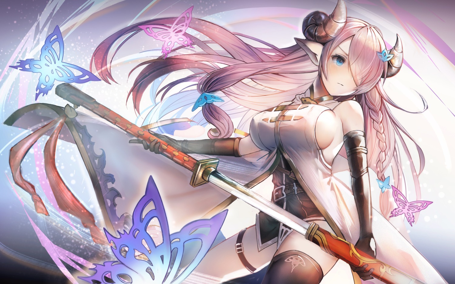 garter, granblue_fantasy, horns, narumeia_(granblue_fantasy), parayang, pointy_ears, sword, thighhighs