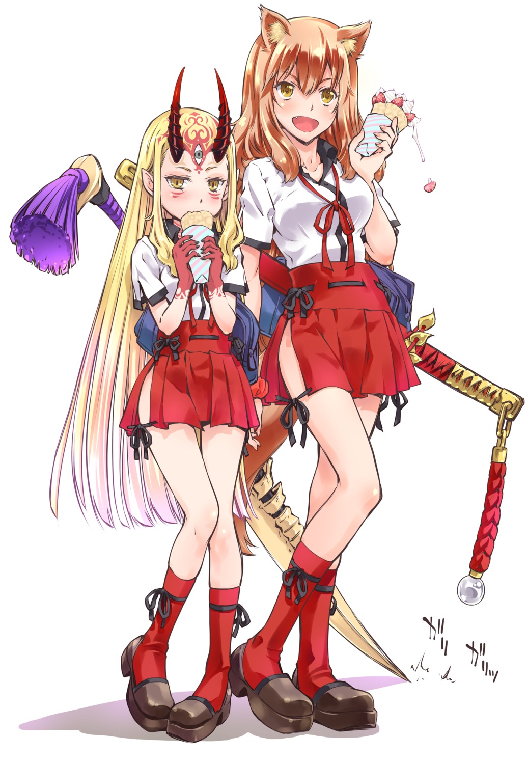 animal_ears, fate/grand_order, heels, horns, ibaraki_douji_(fate), pointy_ears, seifuku, suzuka_gozen_(fate)