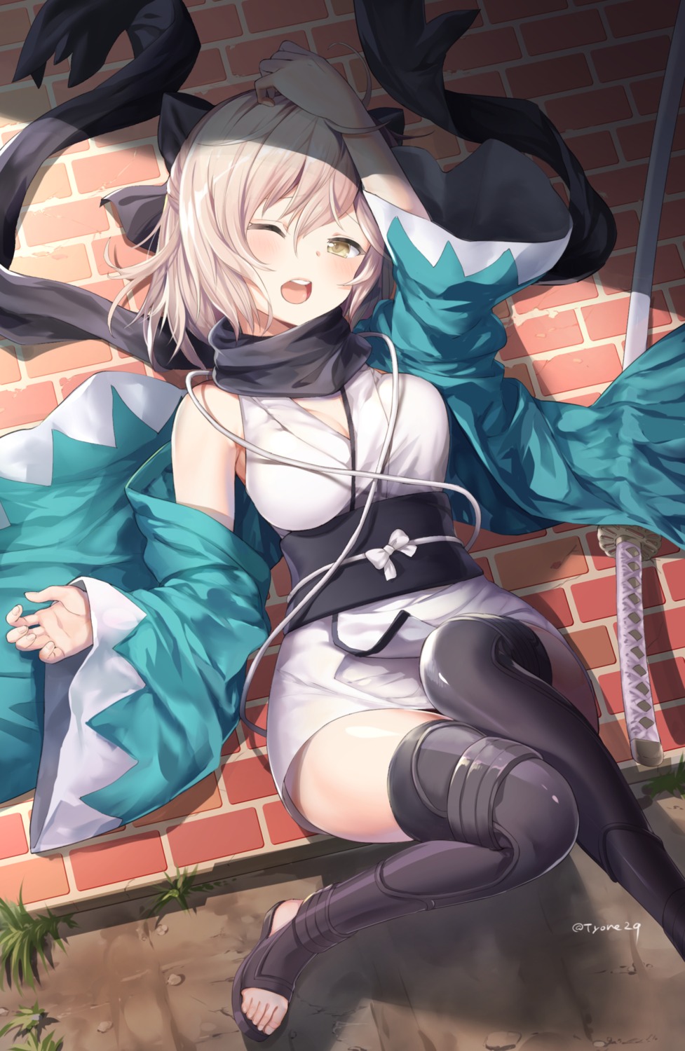 cleavage, fate/grand_order, japanese_clothes, okita_souji_(fate), thighhighs, tyone