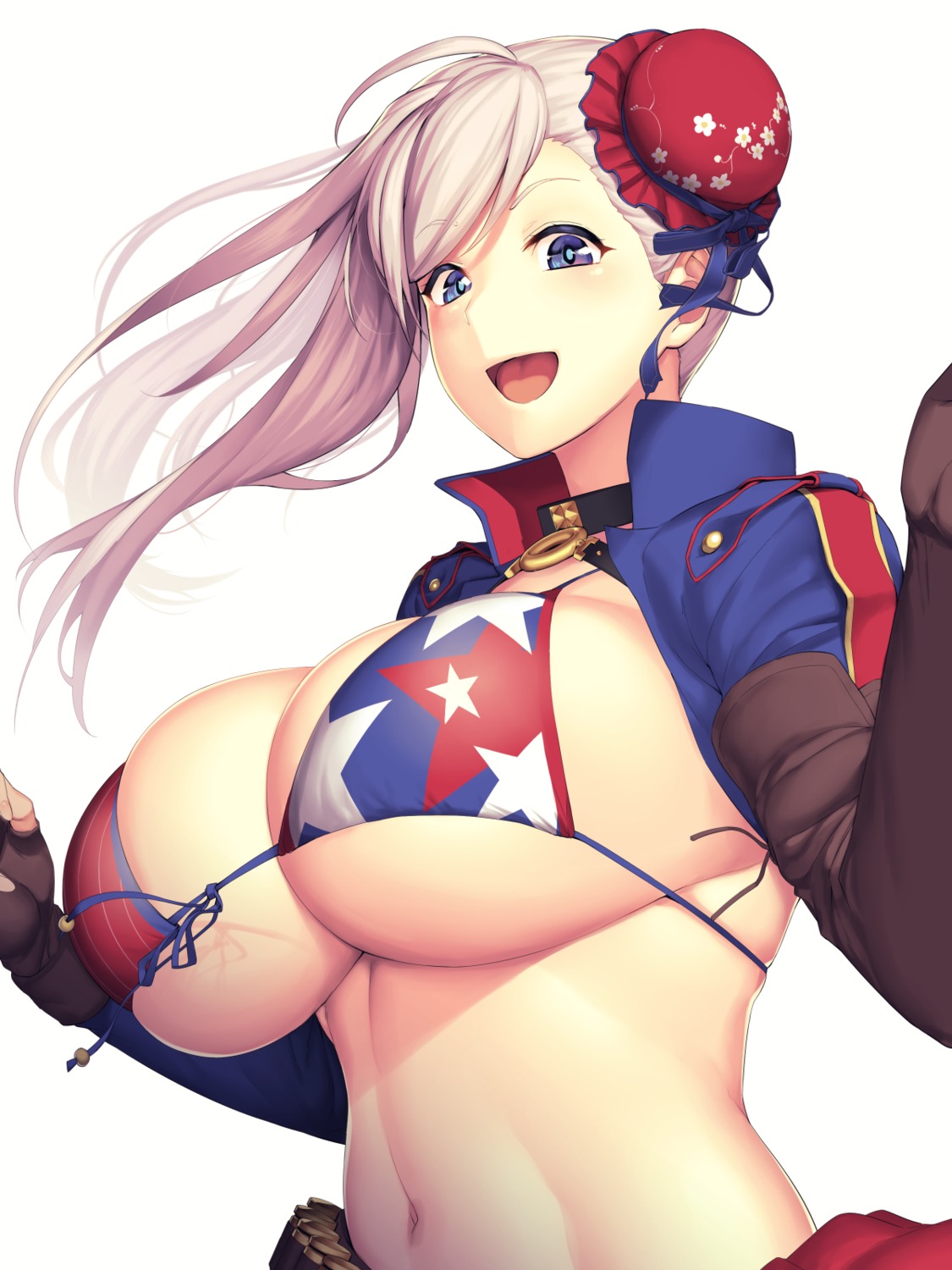 bikini_top, fate/grand_order, hakai_shin, miyamoto_musashi_(fate), open_shirt, swimsuits, underboob